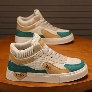 Men Mid-Top Casual Sock Sneakers Contrast Color Block Patchwork Skate Shoes Breathable Lace-Up Fashion Walking Sneakers For Men