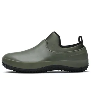 Side profile of waterproof olive green slip-on outdoor garden shoes with non-slip soles
