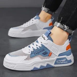Sneakers da uomo in rete traspirante, bianco e blu, scarpe casual in stile sportivo