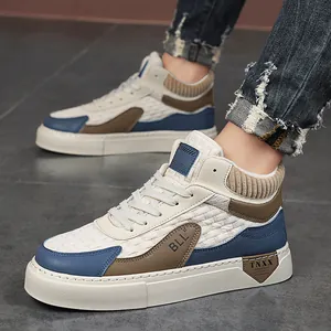 Men's mid-top casual sock sneakers with white, blue, and brown patchwork design