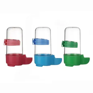 Set of three automatic bird water feeders in red, blue, and green colors for bird cages.