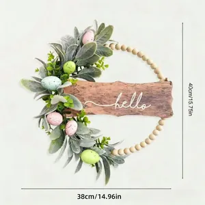 38x40cm Easter wreath with rabbit ear leaves, speckled eggs, and wood hello sign