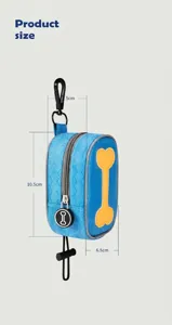 Detail view showing dimensions for blue dog waste bag dispenser with bone patch