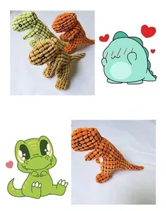 Plush dinosaur squeaky dog toy made of textured corn velvet for interactive play