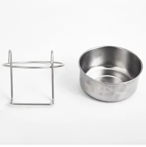 Side view of stainless steel pet bowl and hanging wire stand for bird or dog cages.