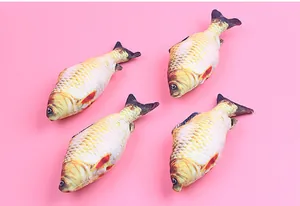 High-quality detailed view showing four realistic plush fish cat toys on a pink background