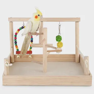 Natural solid wood parrot playstand with colorful swing and climbing ladder bird gym