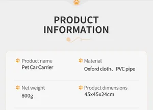 Product specification card for pet car carrier with dimensions and material info