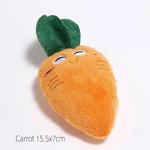 Macro view of plush carrot pet toy showing soft fabric and size dimensions.