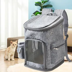 Grey large capacity foldable pet backpack carrier with breathable mesh windows for cats