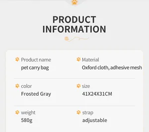 Detailed product specification chart for the foldable and breathable pet carrier bag.