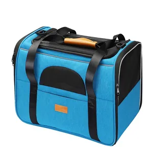 Foldable blue pet carrier bag with breathable mesh windows for cats and small dogs