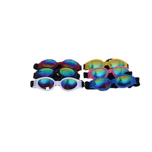 Close-up showing six various colors of foldable pet goggles for dog protection