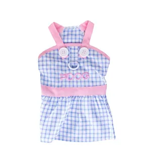 Grazioso vestito a quadri bianchi e blu per cani con dettagli rosa e ricamo DOG sul petto