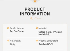 Detailed specifications for the pet car carrier showing material, weight, and dimensions.