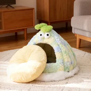 Warm semi-enclosed monster-shaped plush pet bed featuring an independent yellow cushion