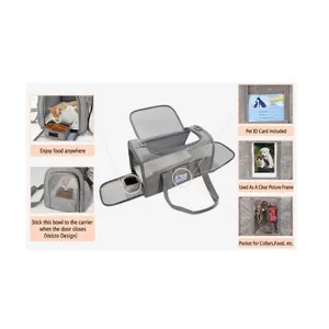 Detail view of foldable pet carrier features including food bowl and ID card slot