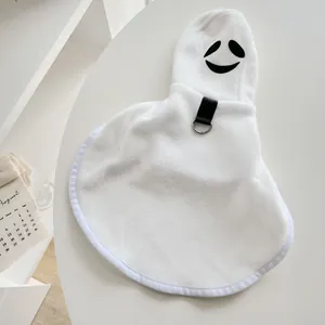 Cute white ghost pet cape with hood and D-ring for Halloween cat and dog costumes.
