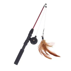 Juguete interactivo de caña de pescar para gatos con accesorio de pluma marrón para jugar