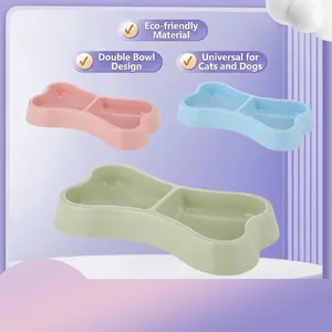 Cuenco Doble para Mascotas en Forma de Hueso Plástico PP Moldeo Integrado Dispensador de Comida y Agua para Perros Pequeños Gatos