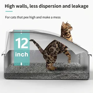 Large stainless steel cat litter box with 12-inch high splash-proof walls for messy cats