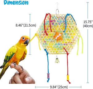Detailed dimensions of hexagonal bamboo bird shredder toy with colorful ropes