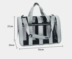 Breathable gray mesh pet carrier bag with dimensions 42cm x 27cm x 24cm for cats