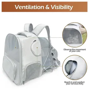 Detail of the breathable mesh and side opening on an expandable cat carrier backpack.