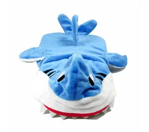 Front view of blue plush shark costume for pets featuring 3D fins and soft teeth