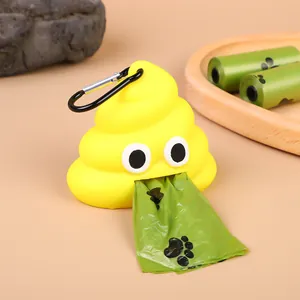 Funny yellow poop-shaped dog waste bag dispenser with green paw print biodegradable bag