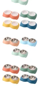 Multiple color variations of stainless steel and ceramic double pet bowls for cats.