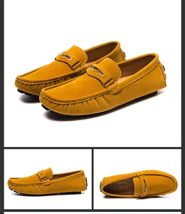 Vues d'angles multiples de mocassins en daim jaune avec profil et semelle intérieure
