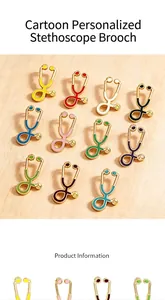 Colorful cartoon stethoscope enamel pins in various colors displayed on wood background