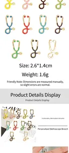 Detail view of colorful stethoscope-shaped medical brooch pins with size and weight specs.