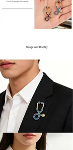Detailed view of a medical stethoscope enamel brooch on a professional suit lapel.