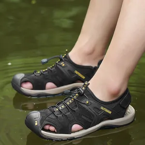 Men's black outdoor beach sandals with breathable closed-toe design and elastic laces