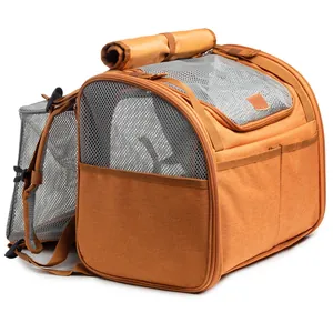 Vista detallada de la mochila extensible transpirable para mascotas en color naranja