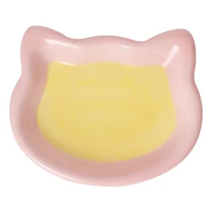 Cute hand-painted ceramic cat head shaped bowl for food and water in pink and yellow