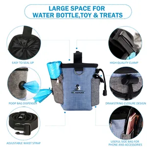 Blue dog treat training pouch with waste bag dispenser and phone storage side pocket