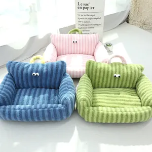Cute Big Eyes Striped Pet Sofa Bed Soft Plush Warm Cat Nest With Handle For Small Medium Dogs Cats Indoor Puppy Couch House