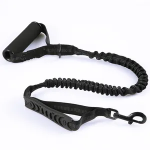 Detail of black bungee dog leash with foam handle and reflective stitching