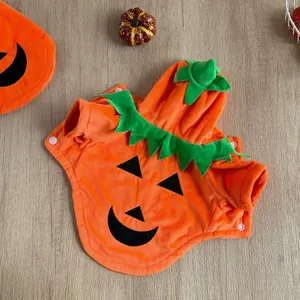 Vista dettagliata del costume da cane a zucca in peluche con tessuto morbido e bottoni