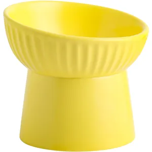 Yellow elevated ceramic pet bowl with tilted mouth for cat and dog neck protection
