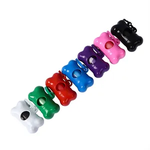 Set of seven colorful bone-shaped pet poop bag dispensers arranged in a diagonal line.