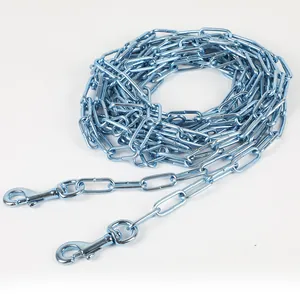 Detailed view of the blue zinc plated iron dog chain featuring durable double snap hooks