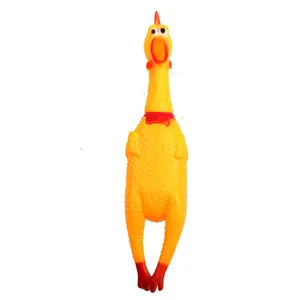 Yellow screaming chicken squeaky dog toy for small and medium pets on white background