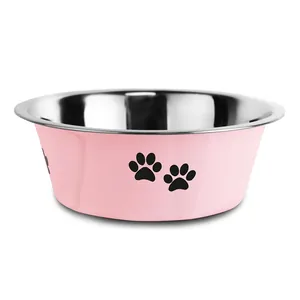 Pink stainless steel dog water bowl with paw prints and non-tip design for pets