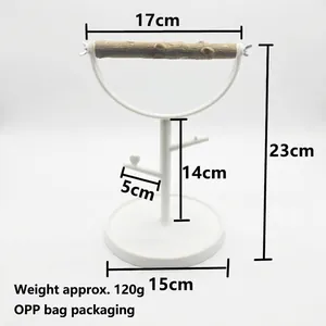 Bird training stand dimensions 23x17cm with natural wood perch detail and measurements