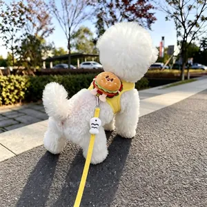 Outdoor detail of a cute white dog wearing a yellow plush hamburger-style harness and leash.
