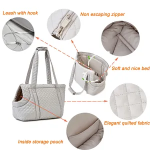 Detailed view of grey quilted pet carrier features including safety leash and soft bed
